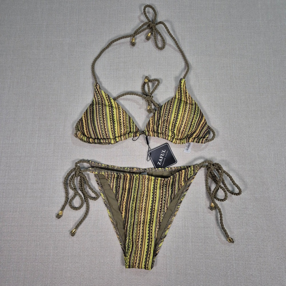 Zaful Women Striped Triangle Bikini Set Olive Green Rope Tie Swimsuit Size M New